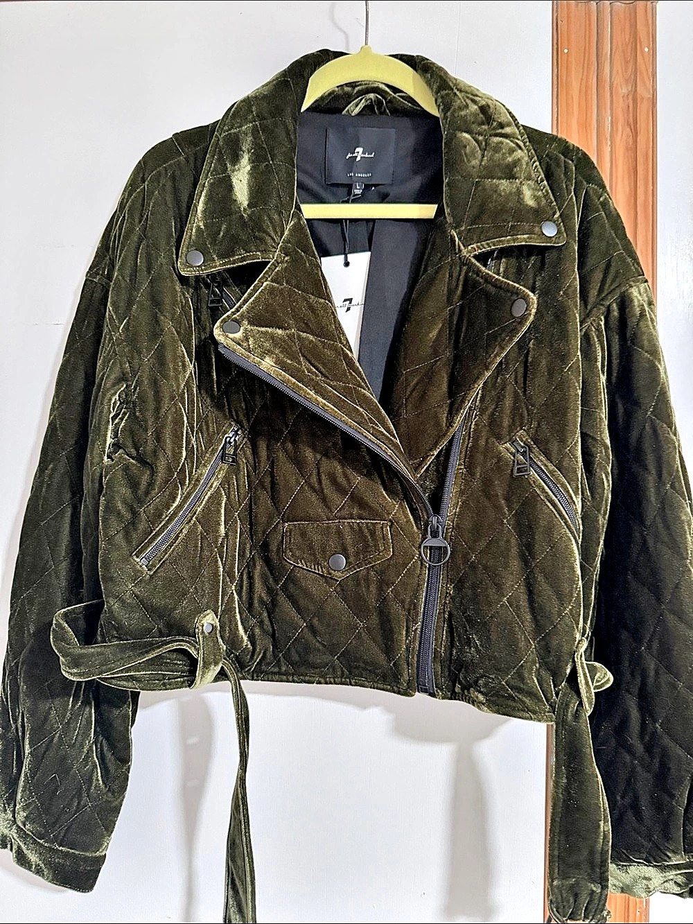 for all mankind Quilted Cropped Moto Jacket in Green Size Medium NWT